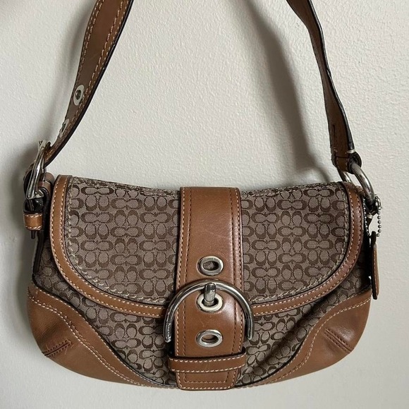 Coach Handbags - Coach Soho Signature Khaki Brown Leather Flap Baguette Shoulder Bag F10925